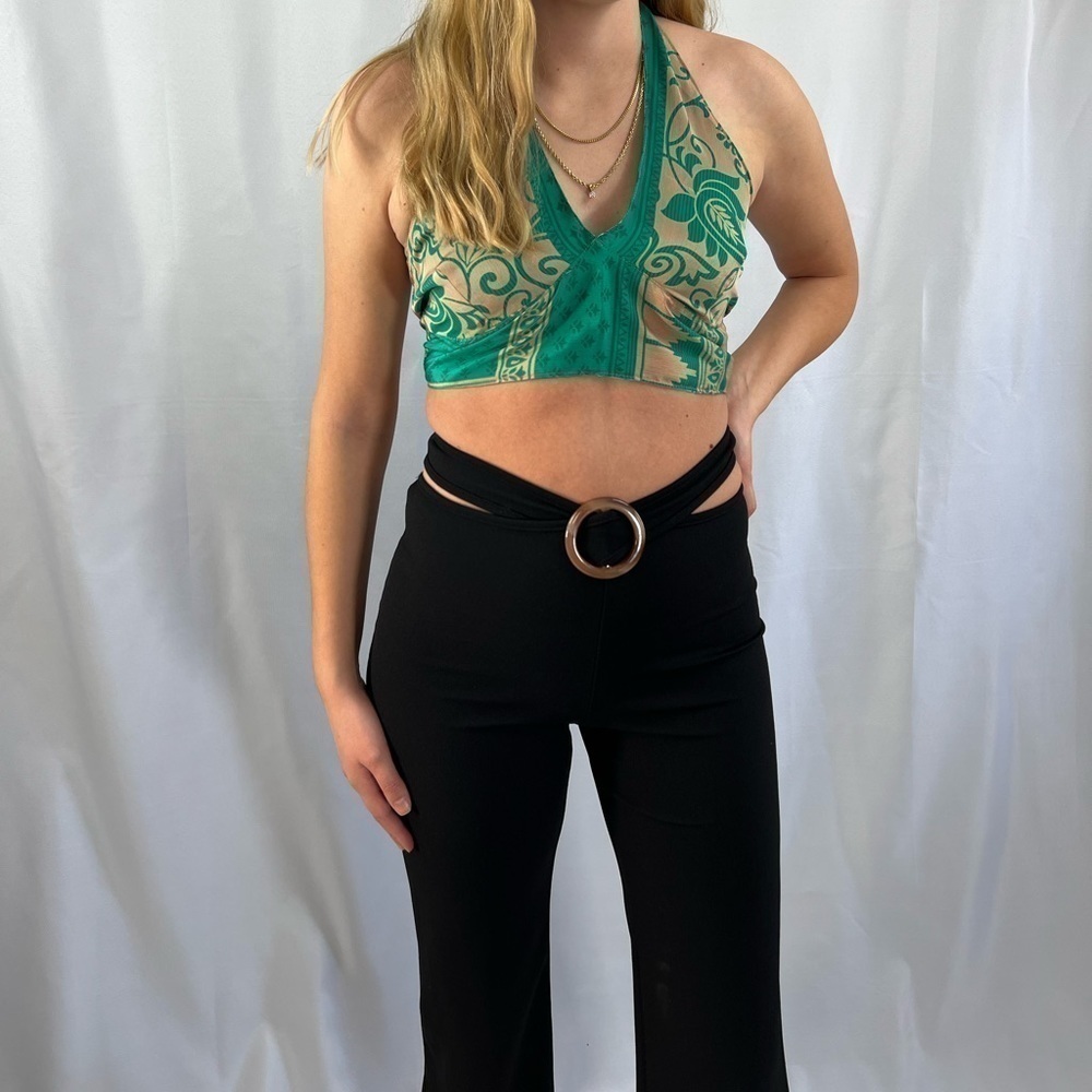 Cut-out pull on slight flare stretch dress pants